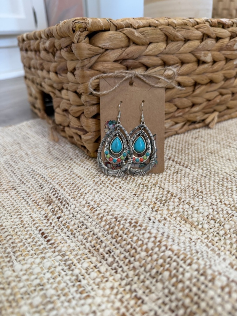 Boho Teardrop Turquoise Multicolor Stone Dangle Earrings - Picture 8 of 10